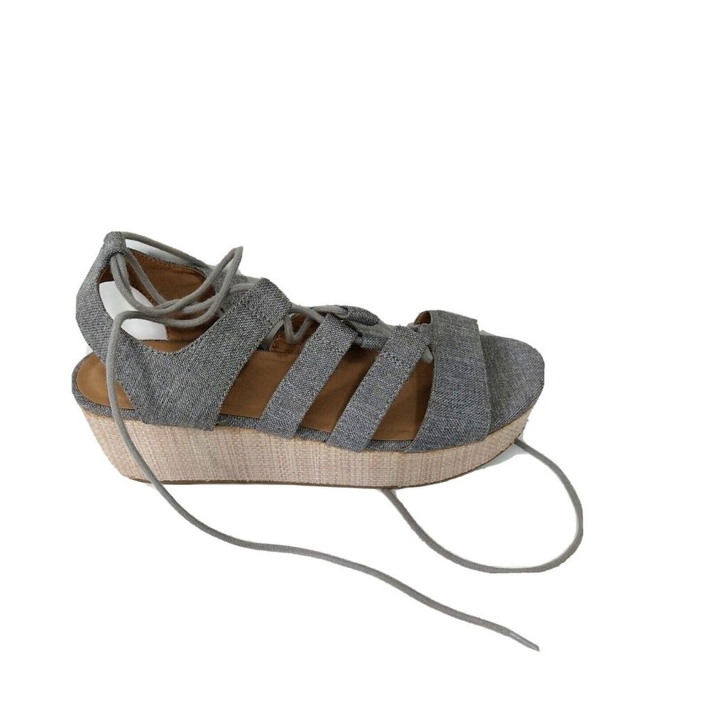 City Classified Sandals Platform Wedge Heel Women Size 8.5 Gray Fabric Ankle Tie